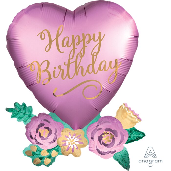 30" Satin B'day Heart & Flowers