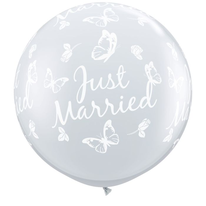 36" Just Married Butterflies Clear w White Ink 1 pcs