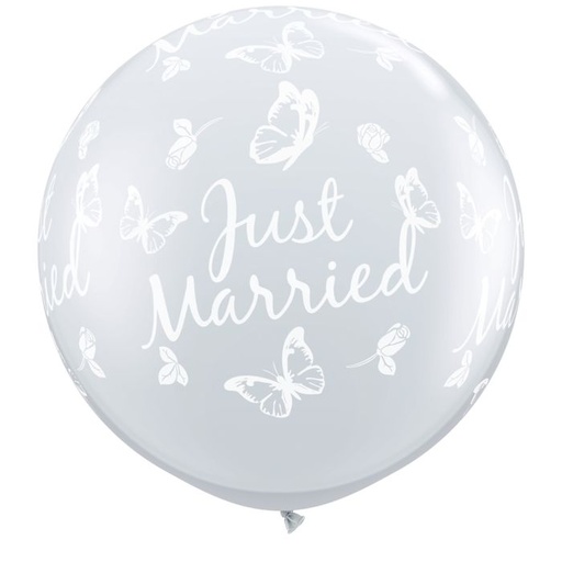 36" Just Married Butterflies Clear w White Ink 1 pcs