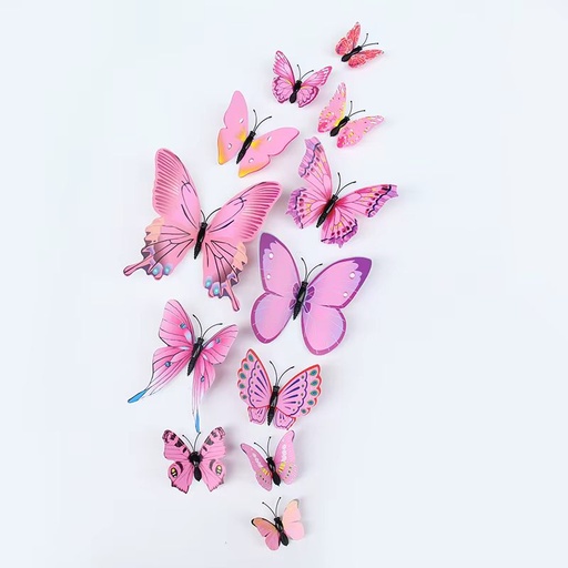 12 Pcs/Pack PVC 3D Butterfly Decoration Wall Sticker Set Pink