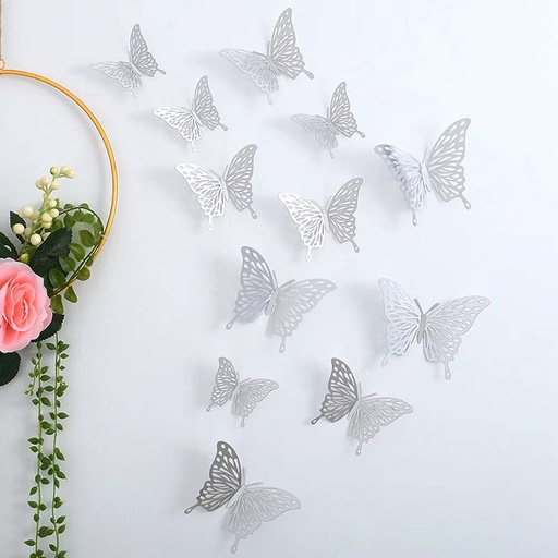 3D Buterfly Decorations Silver 12 pack